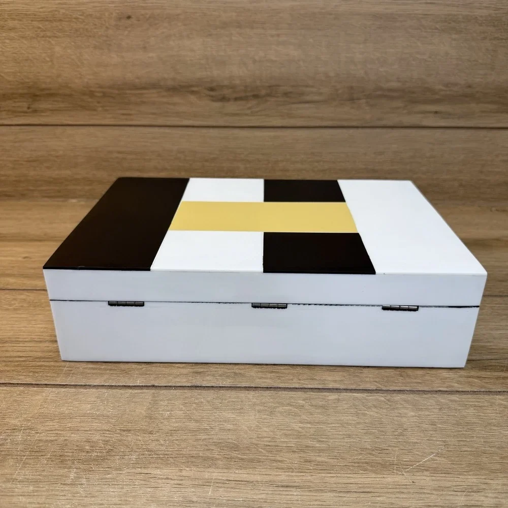 Handmade Wood Storage Stash Trinket Box Black Yellow White Geometric Hinged READ